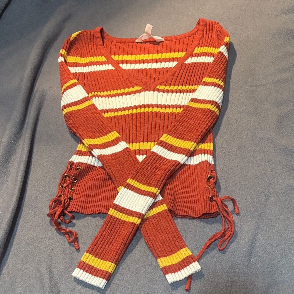No Boundaries Red and Yellow V-Neck Sweater